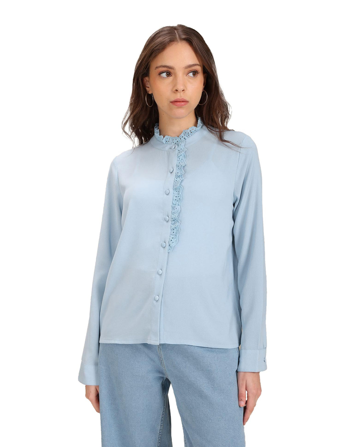 U.S. POLO ASSN. Women Lace Placket Solid Regular Fit Top (Uwaw22Regular Fit Top005_Blue_L), Large