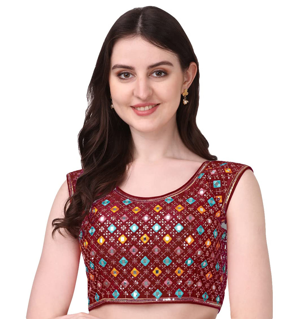 Pujia Mills WomenS Silk Embroidery Foil Work Sleeveless Readymade Saree Blouse