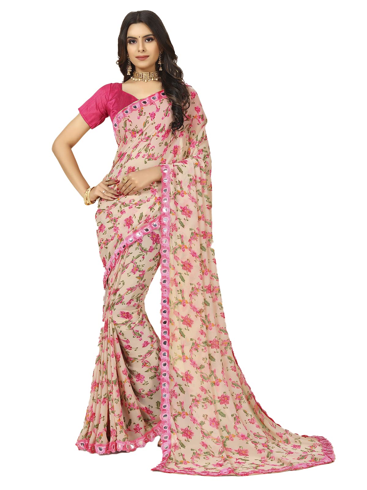 rangita Women Floral Printed Georgette Saree With Blouse Piece - Pink (SIZE 5.5 MTR)