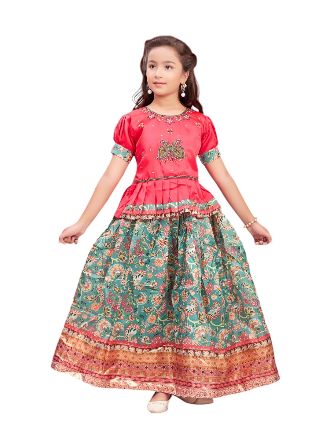 Aarika Girls Ethnic Wear Rani-Green Colour Beads Hand Embroidery Lehenga Choli Set (4-10 Years)