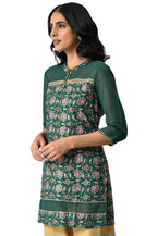 Green Floral Printed Sequined Ethnic Liva Kurta