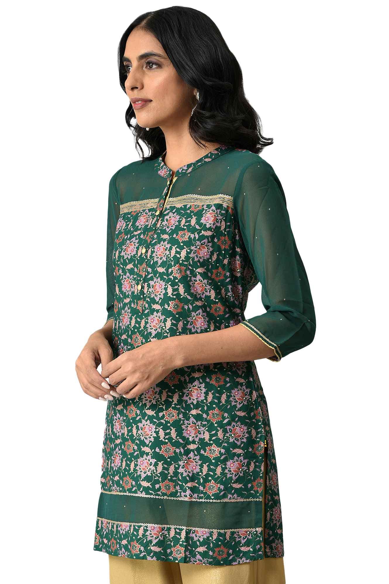 Green Floral Printed Sequined Ethnic Liva Kurta