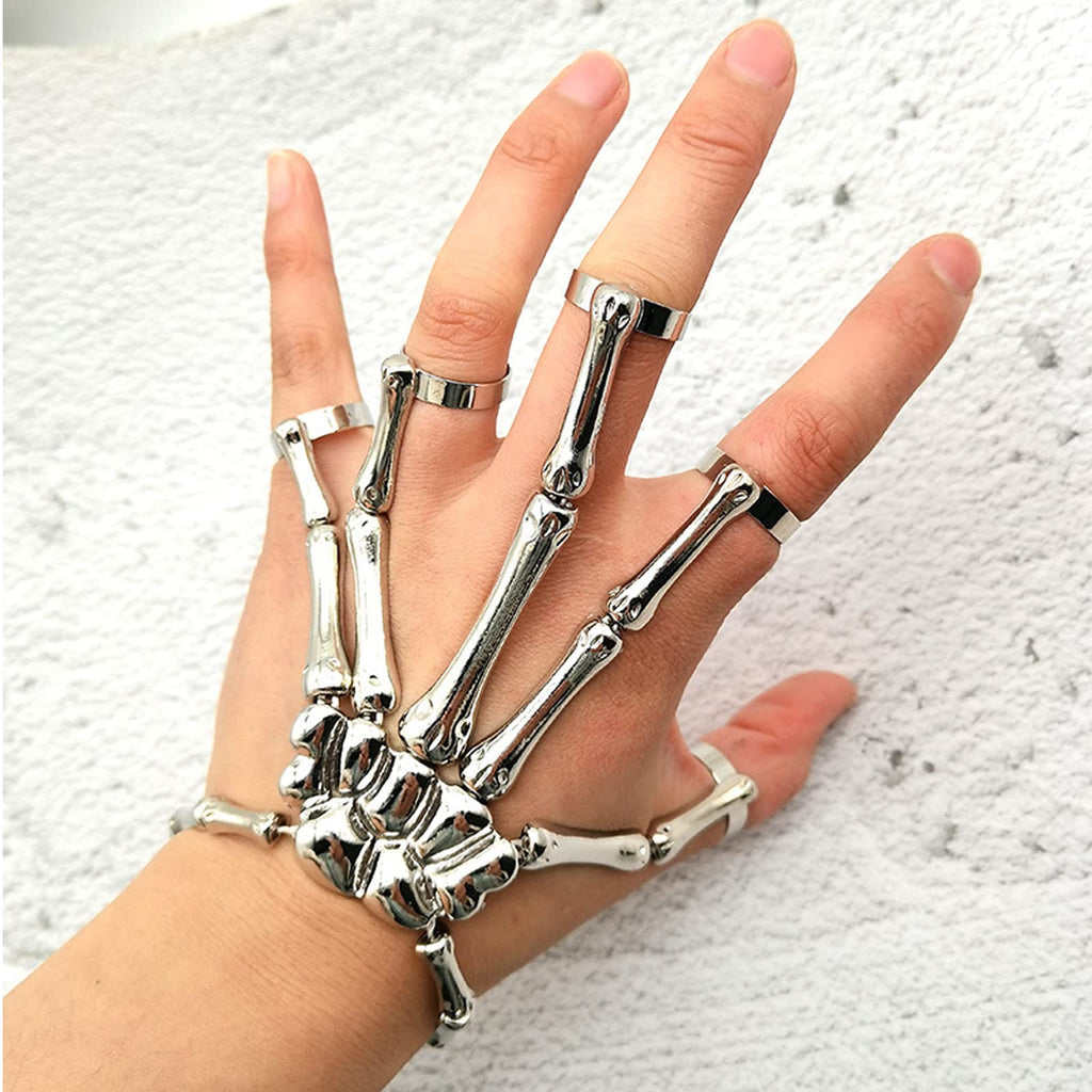 Caiyao Gothic Halloween Skull Skeleton Metal Fingers Hand Bone Bracelet with Adjustable Ring Wristband Handmade Punk Jewelry for