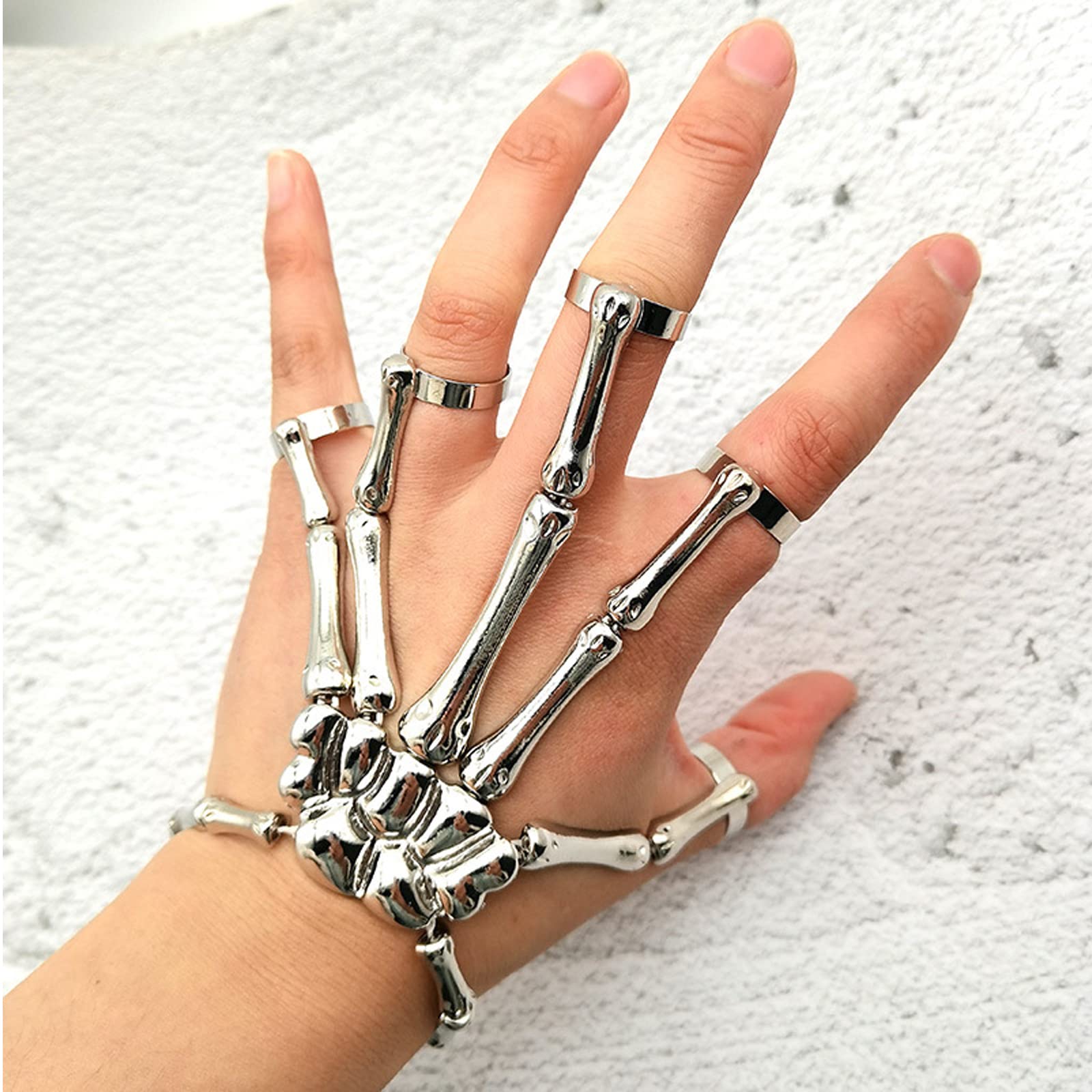 Caiyao Gothic Halloween Skull Skeleton Metal Fingers Hand Bone Bracelet with Adjustable Ring Wristband Handmade Punk Jewelry for