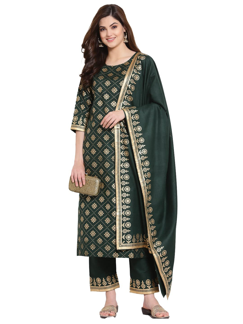 ANNI DESIGNER Women's Straight Cotton Kurta with Palazzo & Dupatta (NAVLIK-Dark GREEN-001_S_Dark Green_Small)