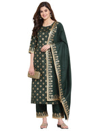 ANNI DESIGNER Women's Straight Cotton Kurta with Palazzo & Dupatta (NAVLIK-Dark GREEN-001_S_Dark Green_Small)
