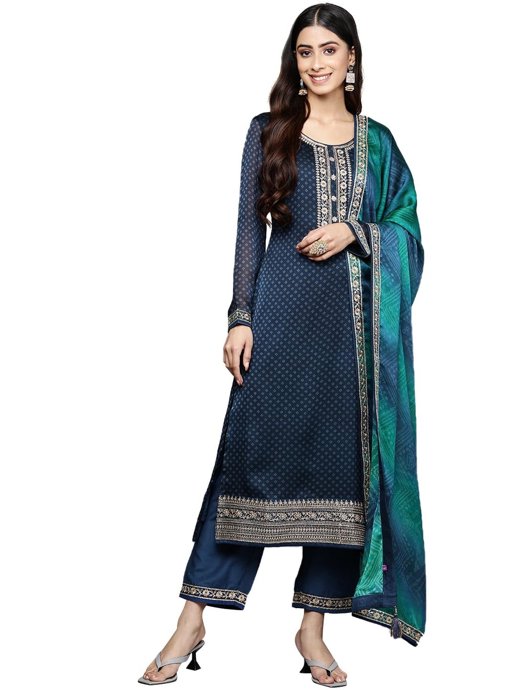 Libas Womens Printed Chiffon Straight Kurta With Trousers And Dupatta