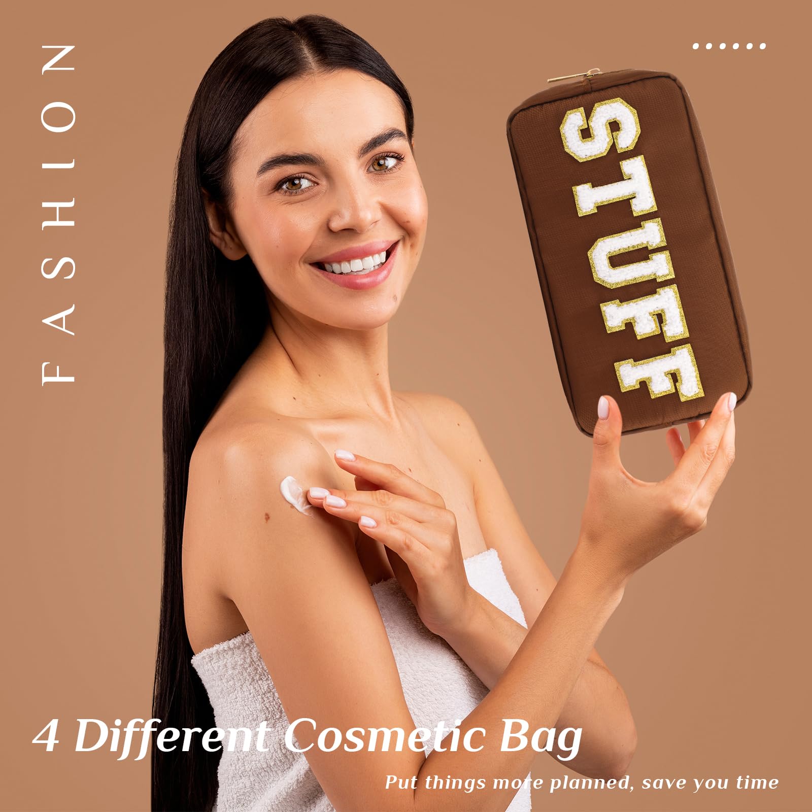 4 Pcs Preppy Makeup Bag Chenille Letter Nylon Cosmetic Bag Makeup Organizer Bag Toiletry Cosmetic Case Preppy Bag with Zipper St