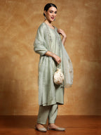 Varanga Women-Thread & Sequin Embroidered Yoke Kurta With Trouser & Scallop Dupatta