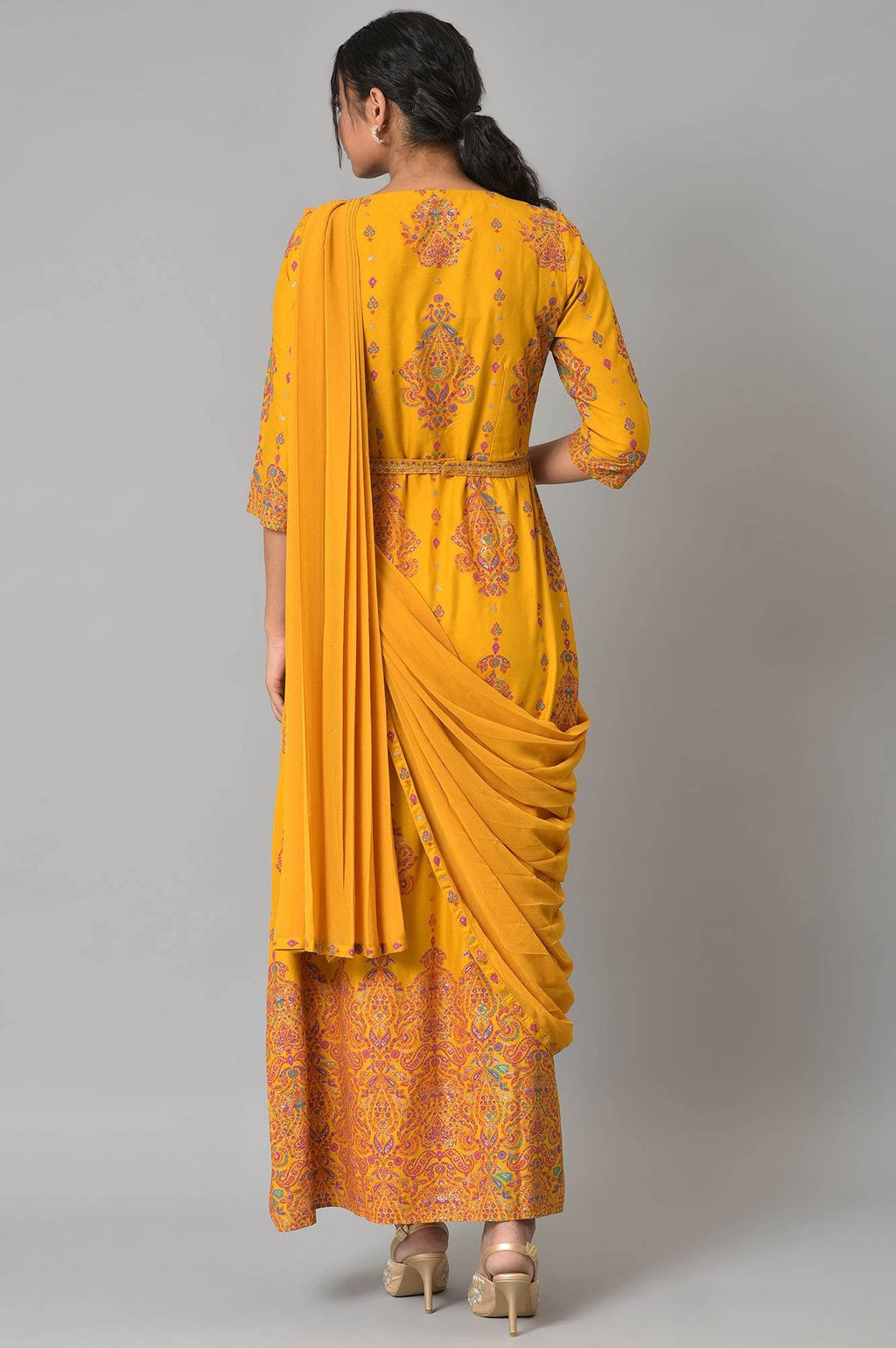 W For Woman Yellow Ethnic Motif Glitter Embroidered Stylised Dress