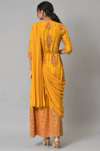 W For Woman Yellow Ethnic Motif Glitter Embroidered Stylised Dress
