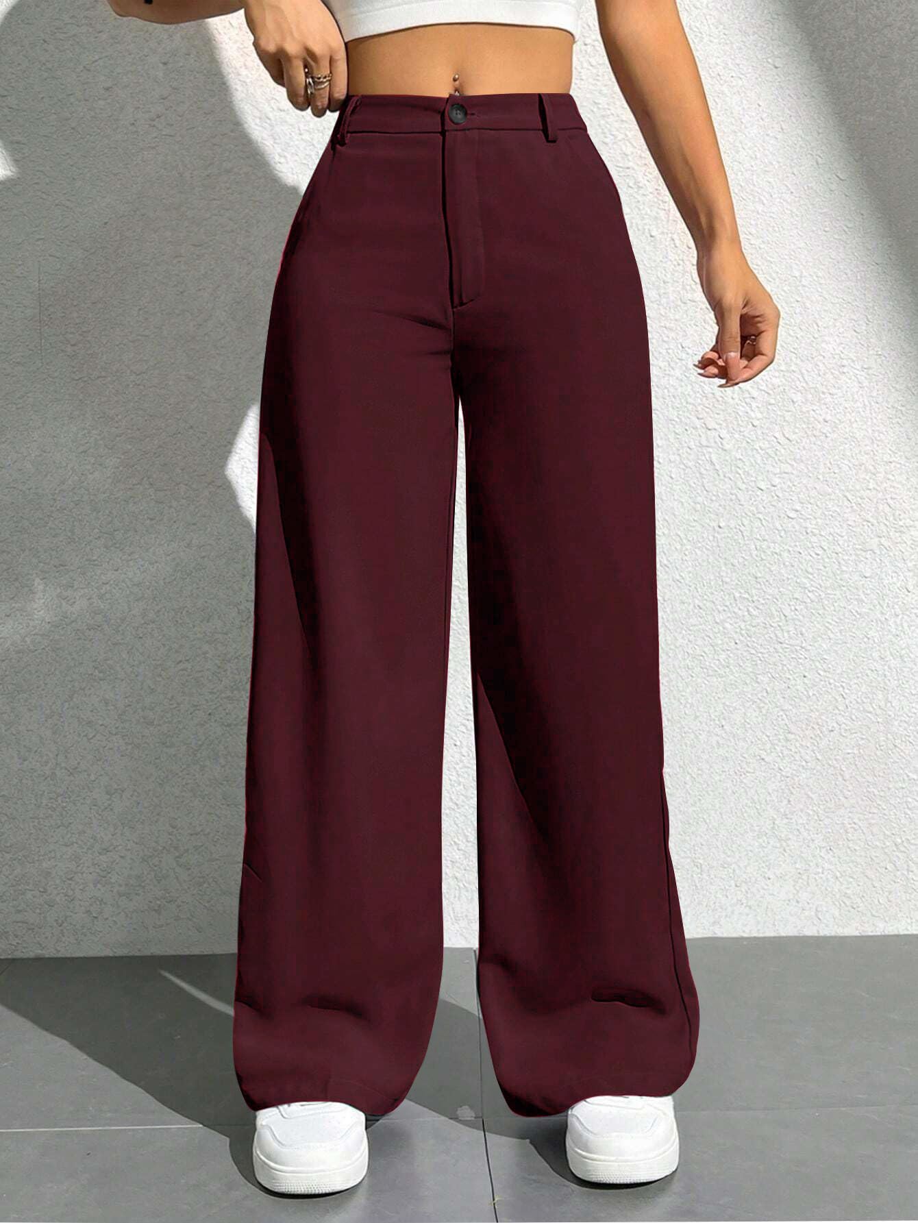 Toochki Tailored Trousers for Womens | Women High-Waisted Pant | Solid Korean Bottom Wear Trouser Maroon