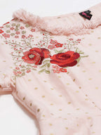 Ishin Women'S Cotton Anarkali Embroidered Thread Work Floral Print Peach Kurti