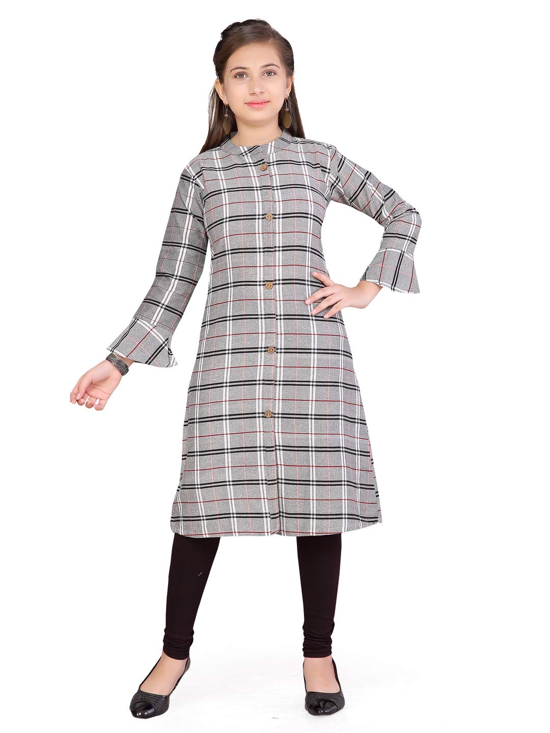 Aarika Girls Cotton Cut-Out Knee-Long Dress (KL-TR-TC-4-GREY-BLACK-32)