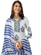 Tee Projekt WomenS Cotton Blend Floral Printed Straight Kurta Pant With Dupatta Set Ll V Neck Kurta Set White