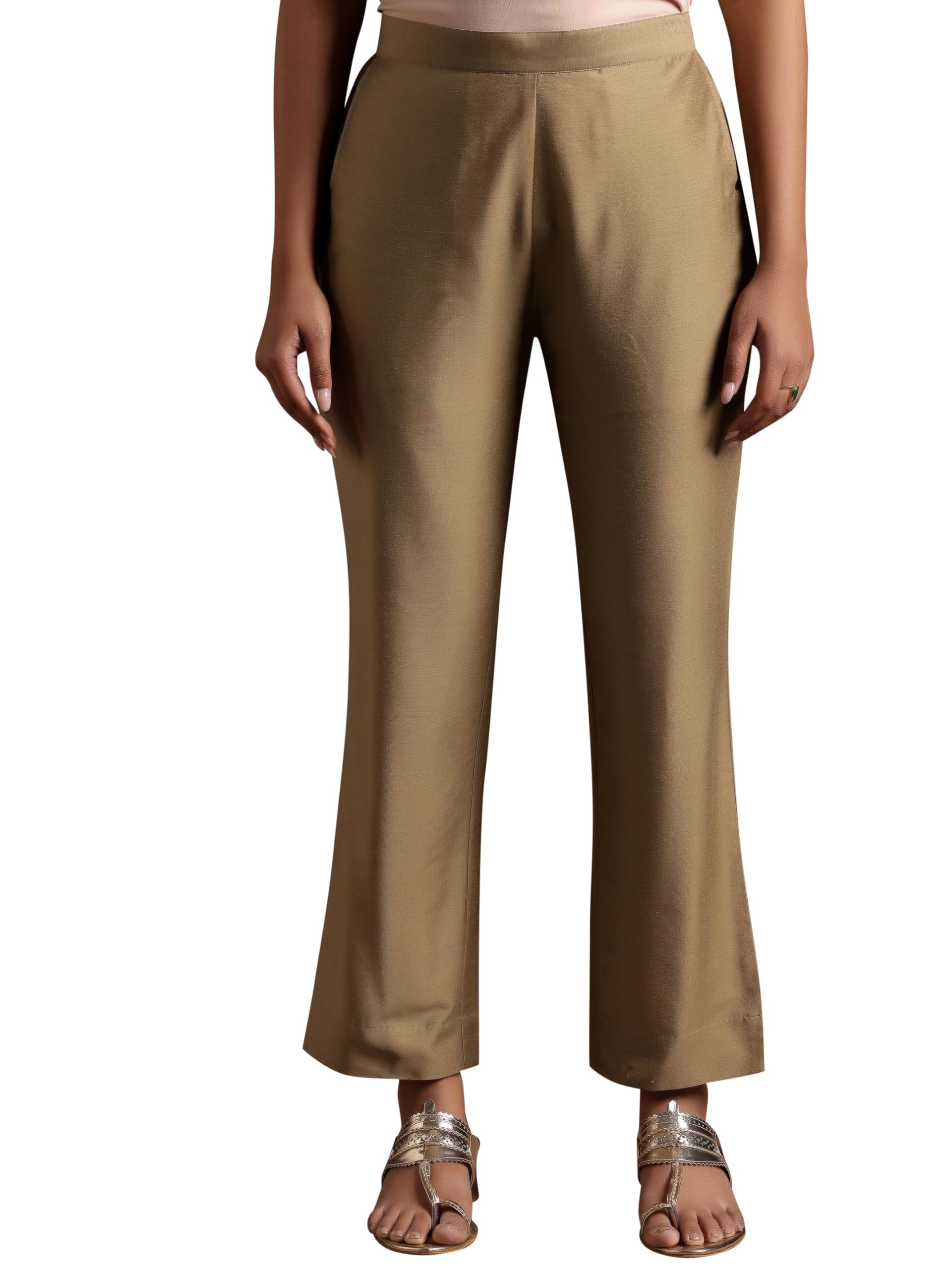 Libas Women Mid Rise Gold Solid Straight Trouser With Pockets, Xl