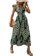 Shasmi WomenS Rayon Maxi Ruffled Hem And Belted Waist (V-Neck Striped Printed Dress 140_Green