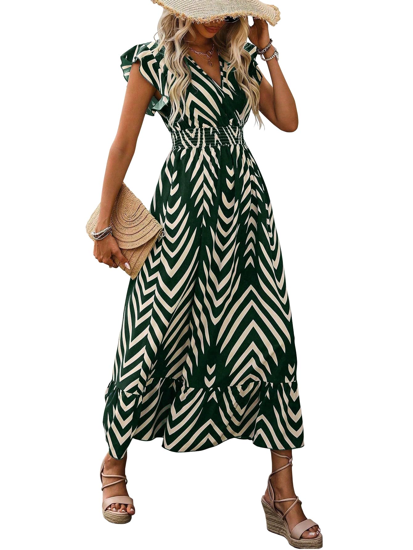 Shasmi WomenS Rayon Maxi Ruffled Hem And Belted Waist (V-Neck Striped Printed Dress 140_Green