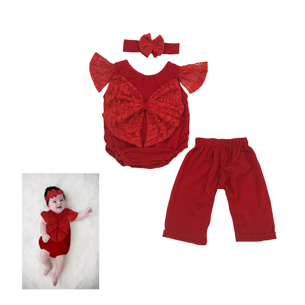 Infant GirlS Red Lace Romper With Headband And Pants, 3Piece Set (Red, 03 Month) 0-3
