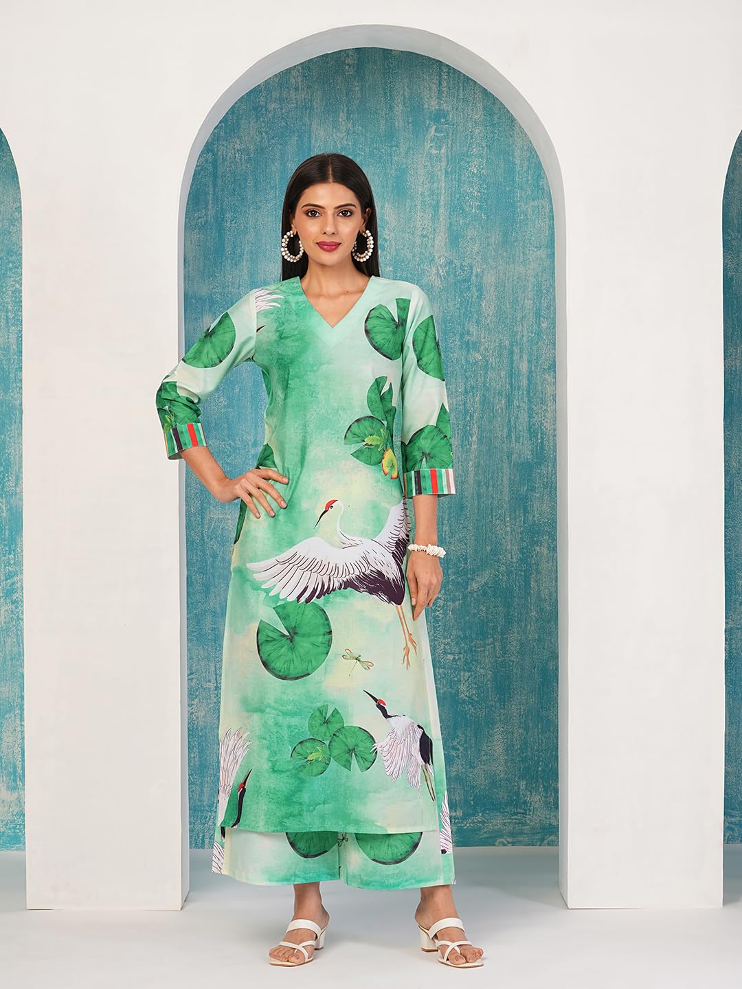 ANNI DESIGNER Women s Cotton Blend Kurta with Palazzo, See Green, S