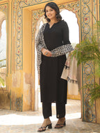 ANNI DESIGNER Ladies Plain Rayon Blend Kurta with Trousers and Dupatta, Black, M