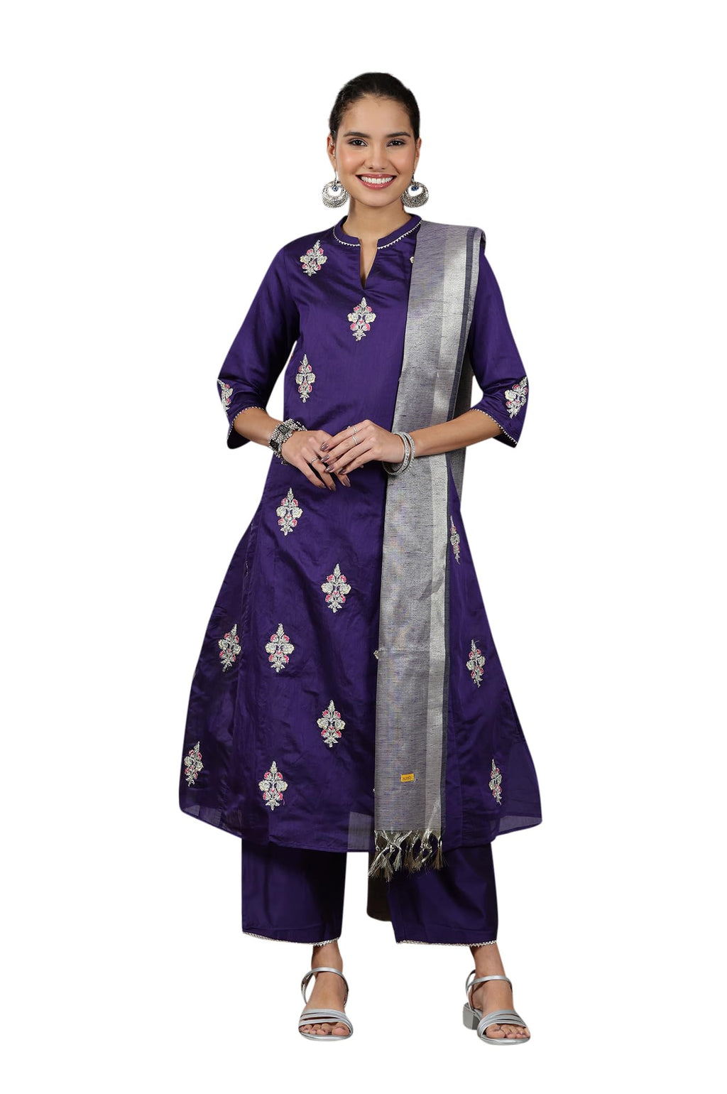 Aurelia WomenS Yarn Dyed Flared Kurta Set With Palazzos And Dupatta For Women