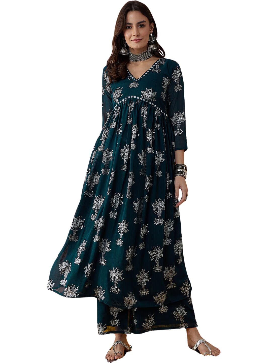 rytras Womens Printed Alia Cut Kurta and Palazzos Set (Green,XL)