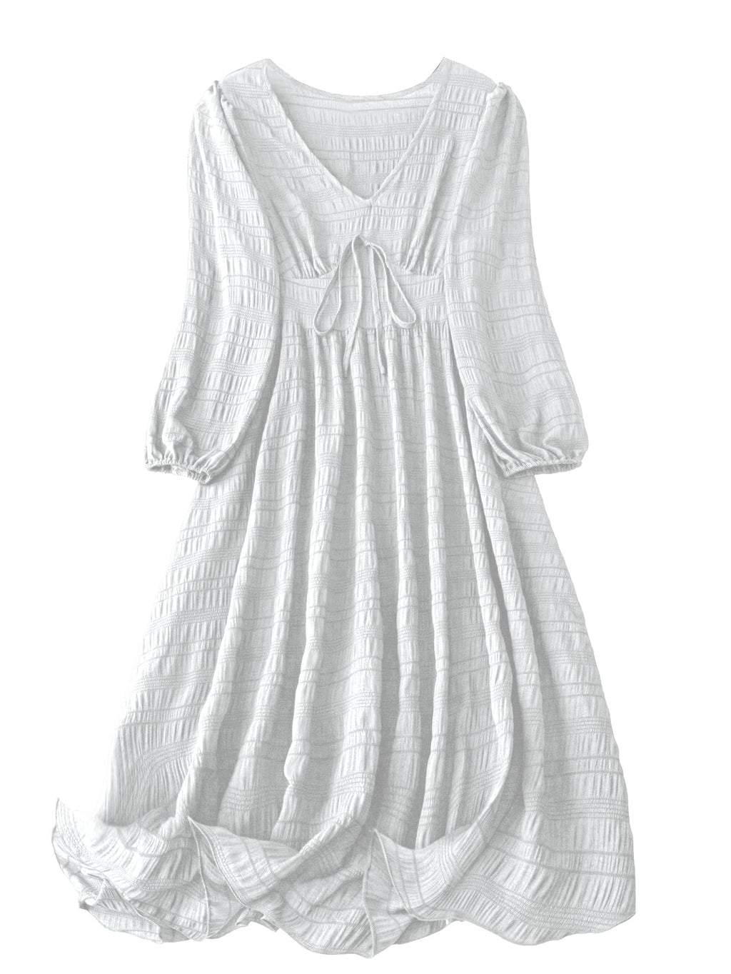 Shasmi Womens & Girls White Dress For Women Midi, One Piece Dress For Womens Casual Dress, Solid Textured Lantern Sleeve Tie Fro