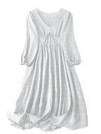 Shasmi Womens & Girls White Dress For Women Midi, One Piece Dress For Womens Casual Dress, Solid Textured Lantern Sleeve Tie Fro