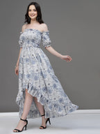 Oomph! Flared Dress For Women Stylish | Long One Piece For Women | Off Shoulder Puff Sleeve Long Dress | Floral Print Maxi One P