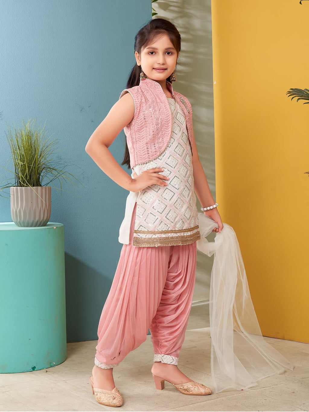 Aarika Girls Ethnic Wear White-Peach Colour Sequin Embroidery Lace Work Silk Kurti Patiala With Jacket (4-10 Years)