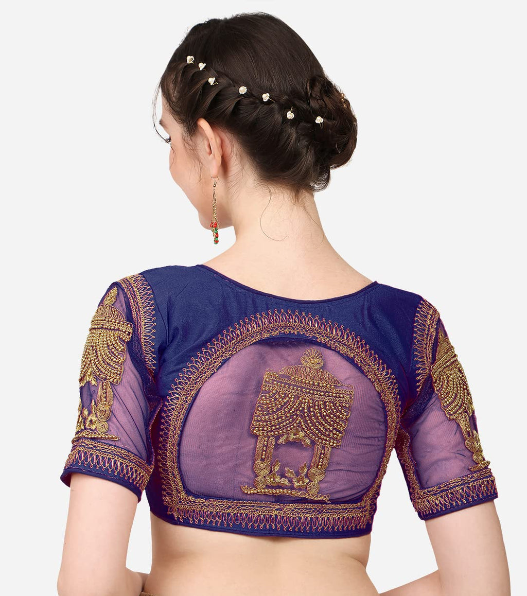 Pujia Mills WomenS Multicolor Temple Embroidery Net Back Sequence Khatli Work Sleeves Design Phantom Silk Readymade Saree Blous