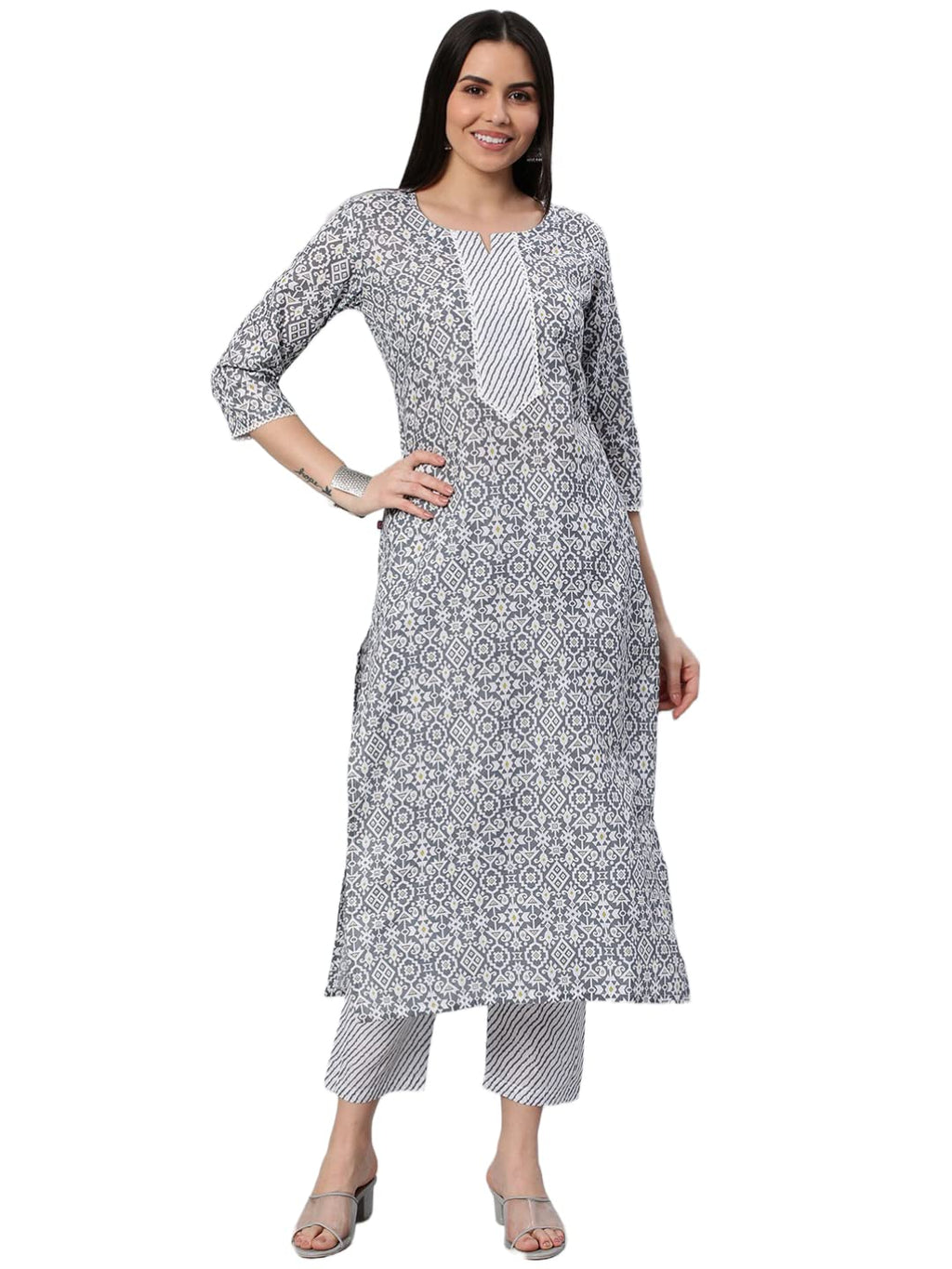 ANNI DESIGNER Womens Cotton Blend Printed Straight Kurta with Pant (Kavi-Grey-Nw_XL_Grey_X-Large)