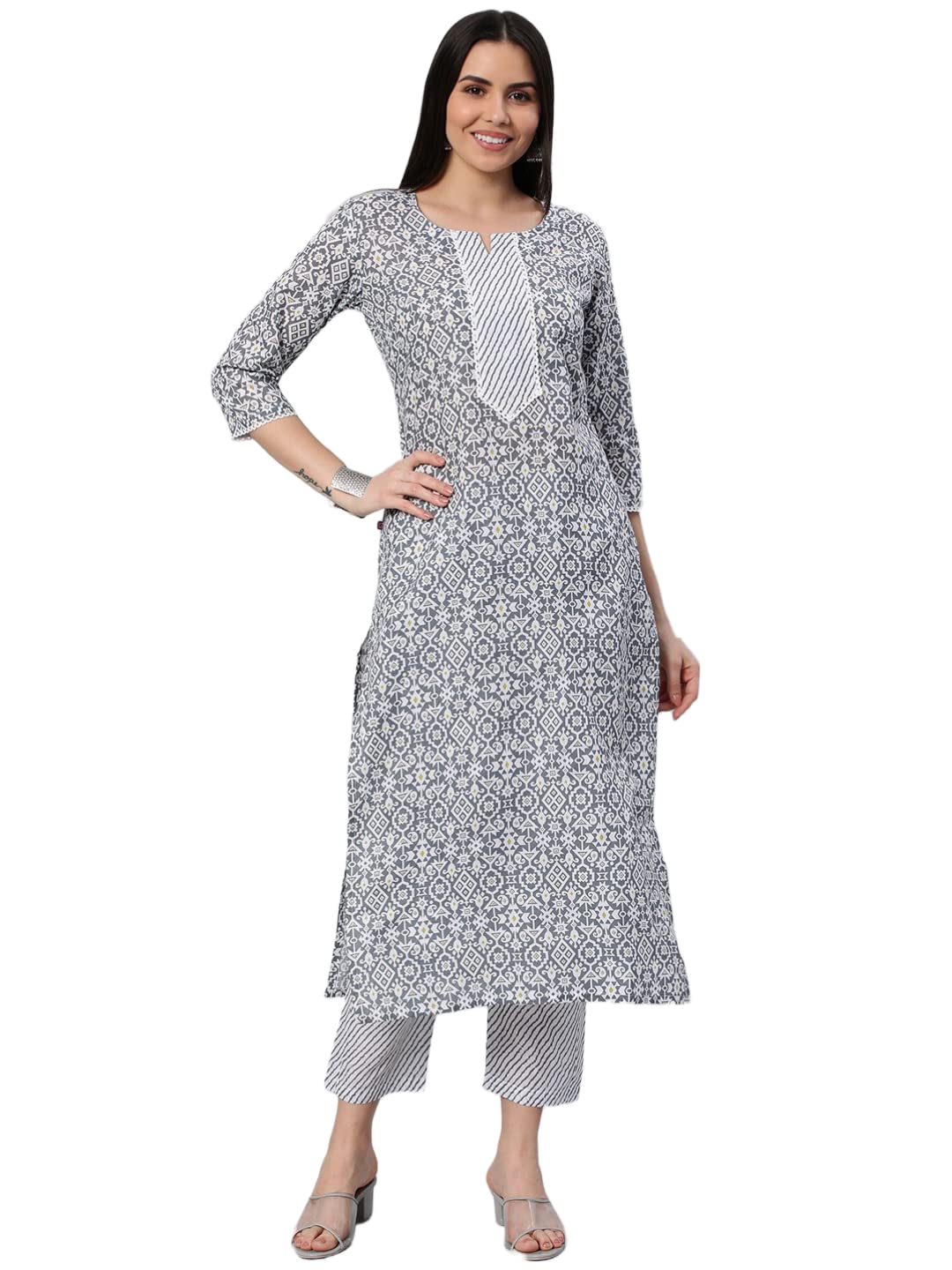 ANNI DESIGNER Womens Cotton Blend Printed Straight Kurta with Pant (Kavi-Grey-Nw_XL_Grey_X-Large)