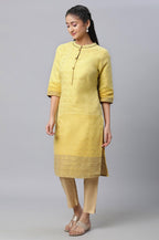 Aurelia Yellow Self-Design Cotton Straight Long Kurta For Women