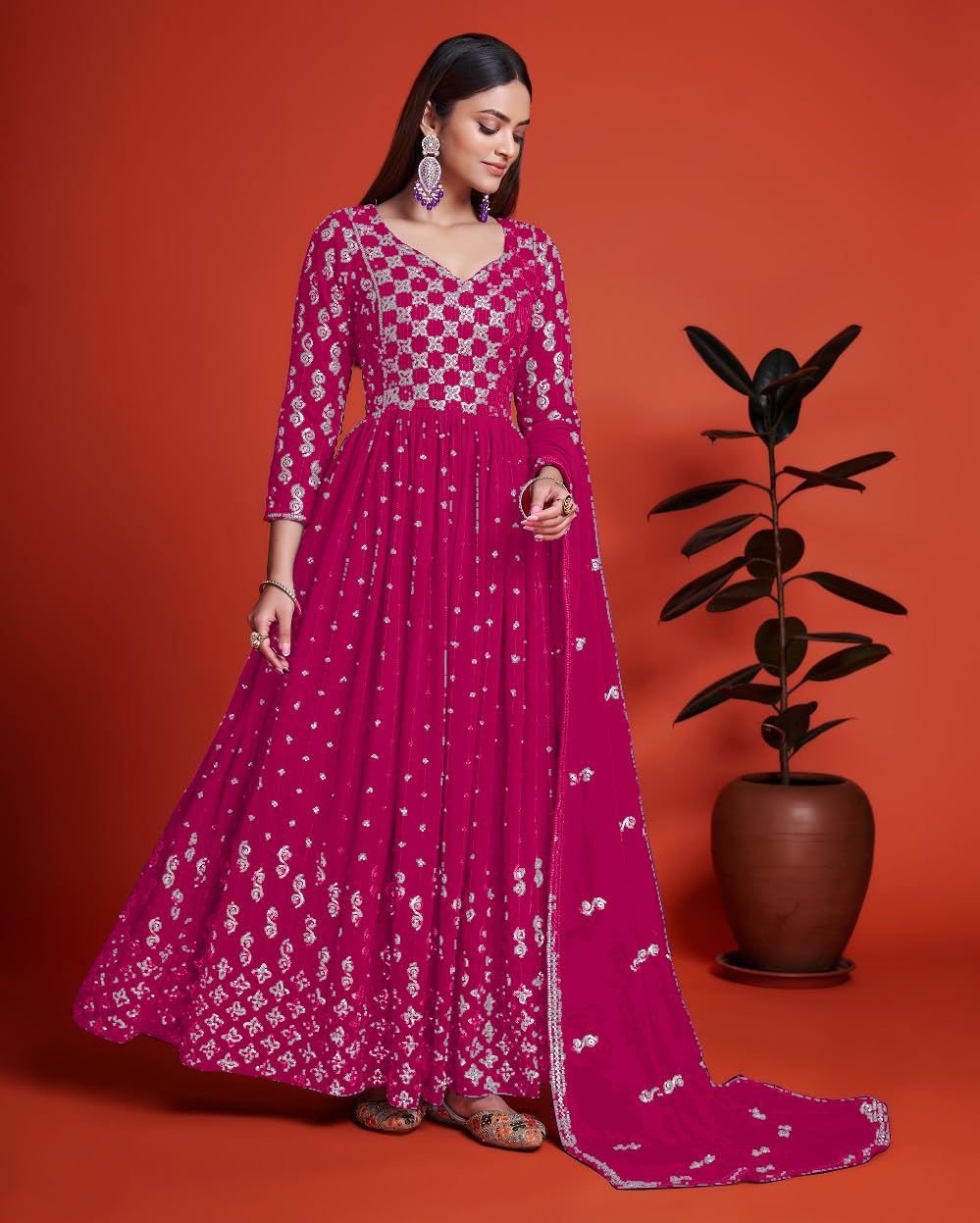 Fashion Basket Women'S Anarakali Kurta With Dupatta Set (Pink)