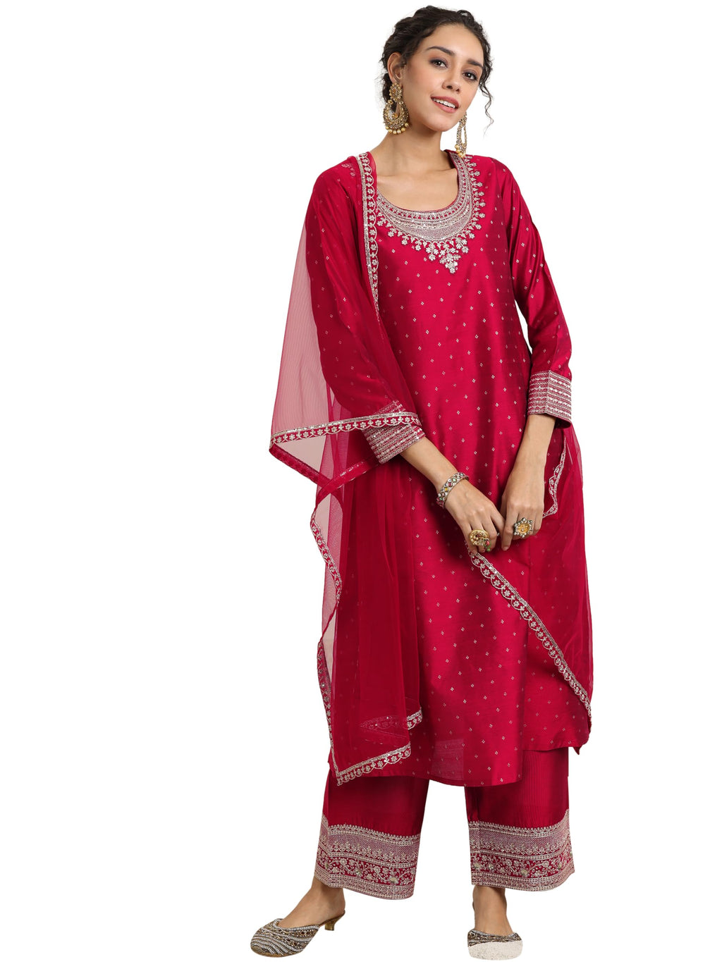 Libas Womens Woven Design Silk Blend A-Line Kurta With Palazzos And Dupatta