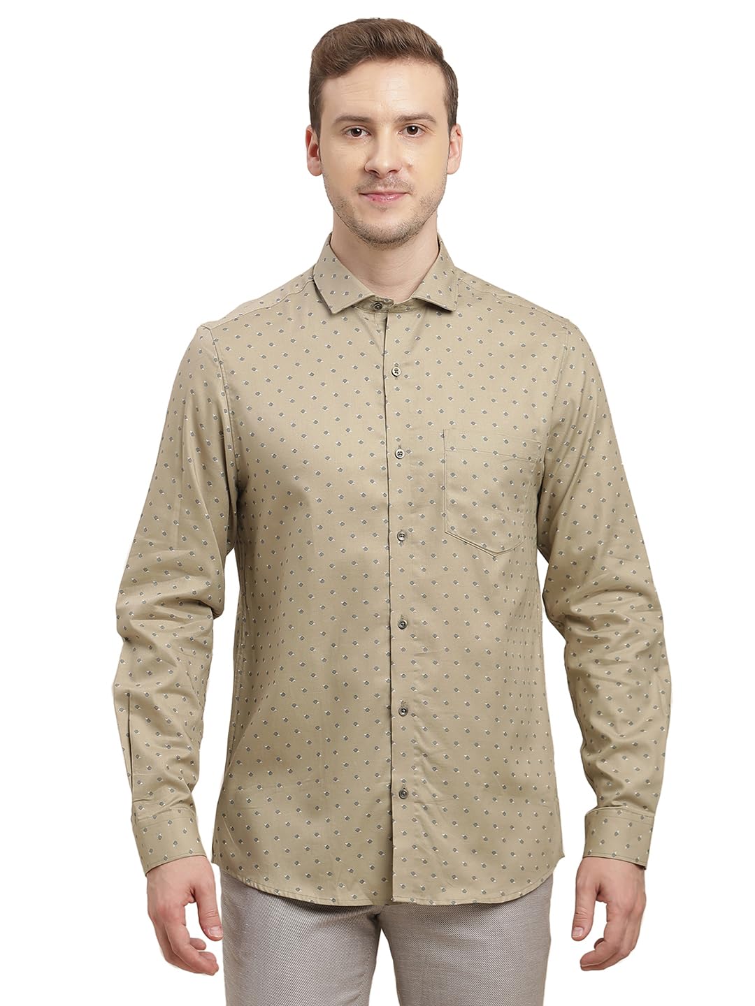 Turtle Men 100% Cotton Slim Fit Brown Printed Full Sleeve Formal Shirt
