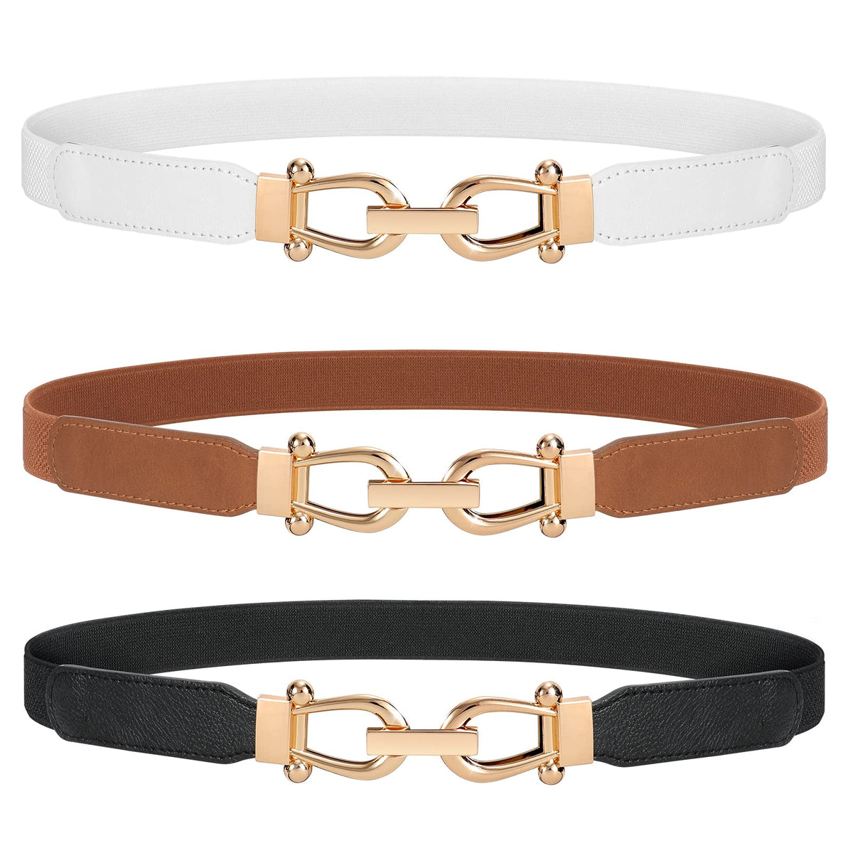Jasgood Women Stretchy Waist Belt Retro Elastic Skinny Belt For Ladies With Gold Buckle, CBlack+Brown+White, Suit For Waist Siz 27-32