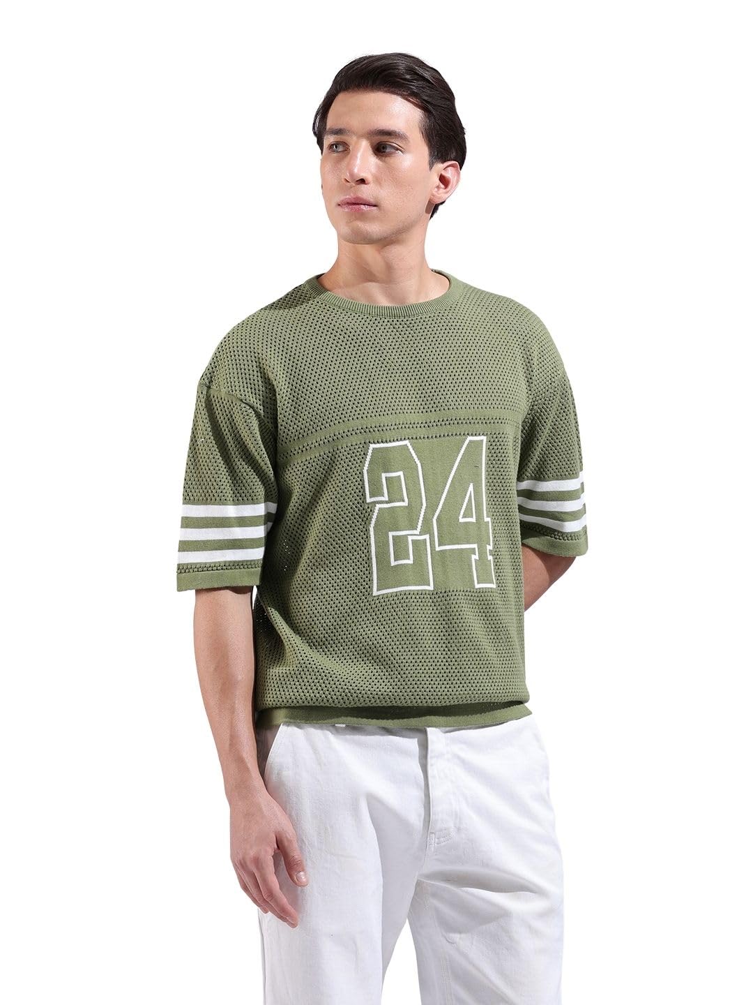 The Indian Garage Co Mens Oversized Textured Flatknit Half Sleeves Crew Neck Sweater