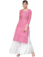 Ishin Women'S Cotton Pink & White Printed With Gota Patti A-Line Kurta Set With Sharara
