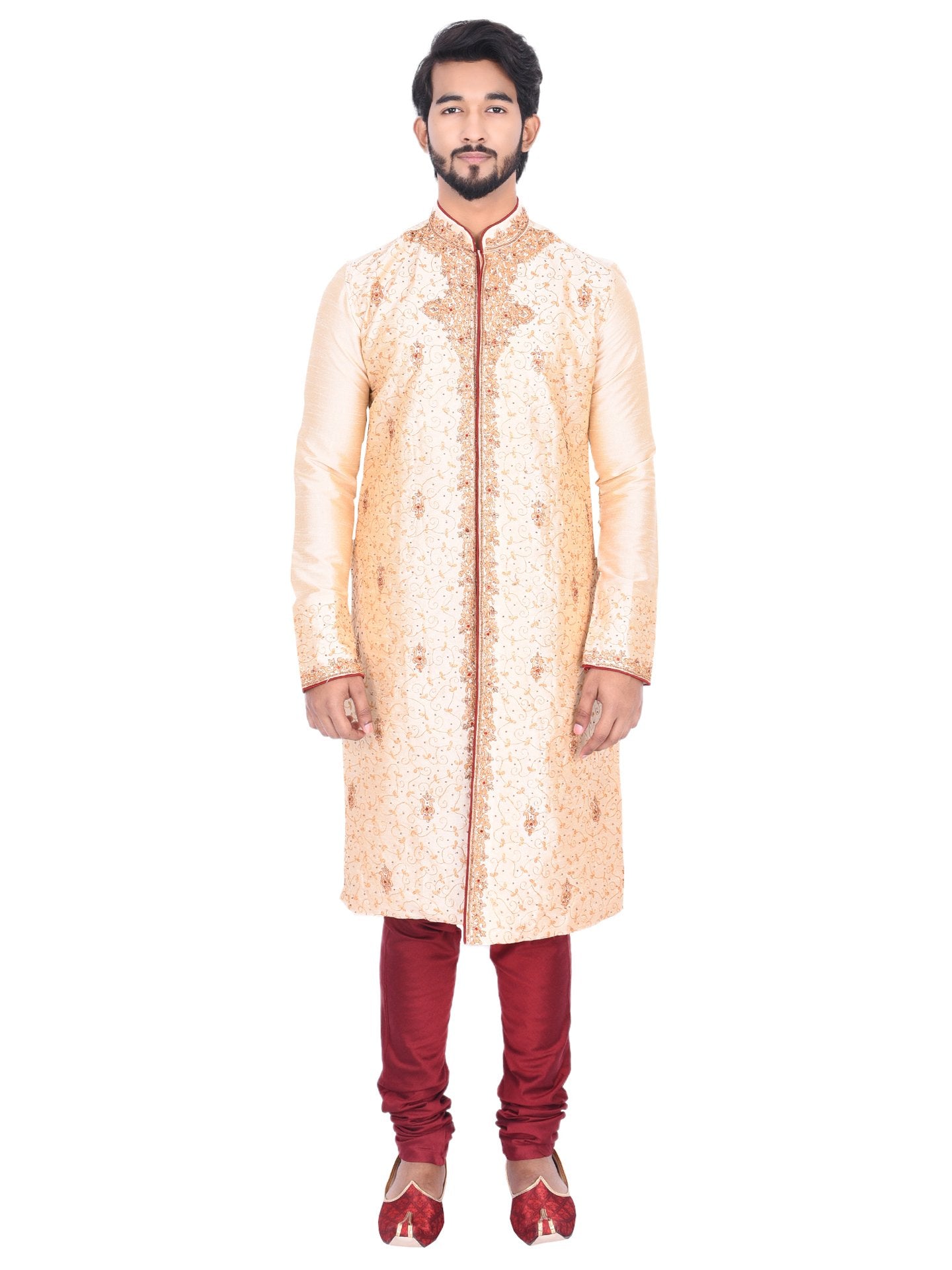 Manyavar MenS Beige Full Sleeve Regular Fit Exquisite Designer Kurta & Churidar Set, Medium (S952742-303)