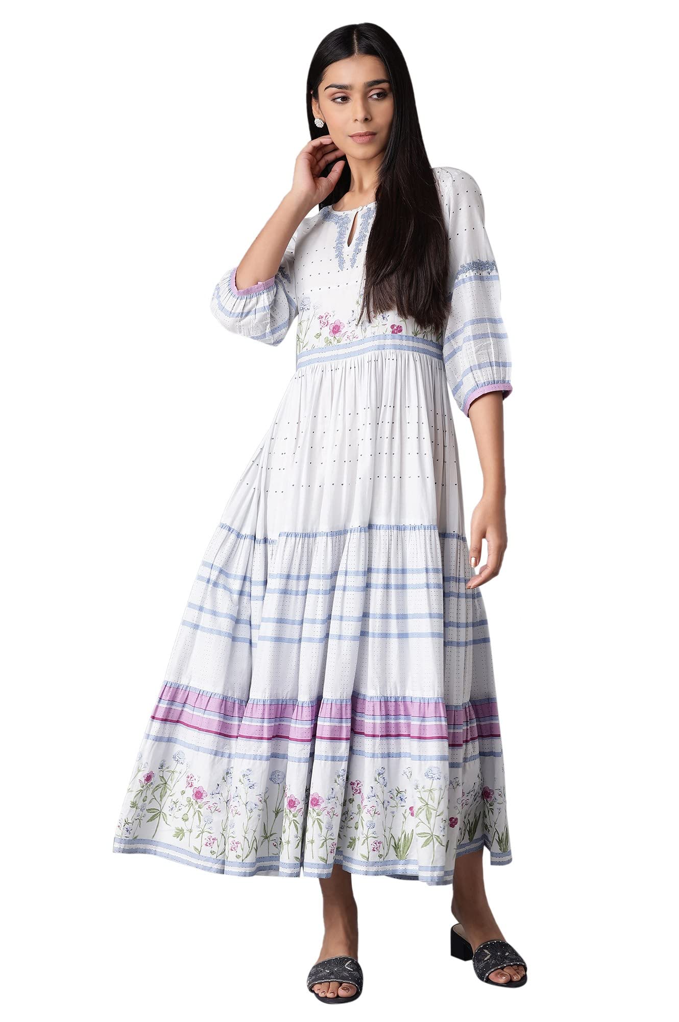 W For Woman Women'S Cotton Light Blue Tiered Dress With Embroidery Maxi (21Auw15984-116077_Artic Ice_8)