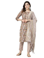 Stylum Womens Floral Printed Cotton Blend Straight Kurta Pant Dupatta Se (in, Alpha, 6XL, Plus, Beige)