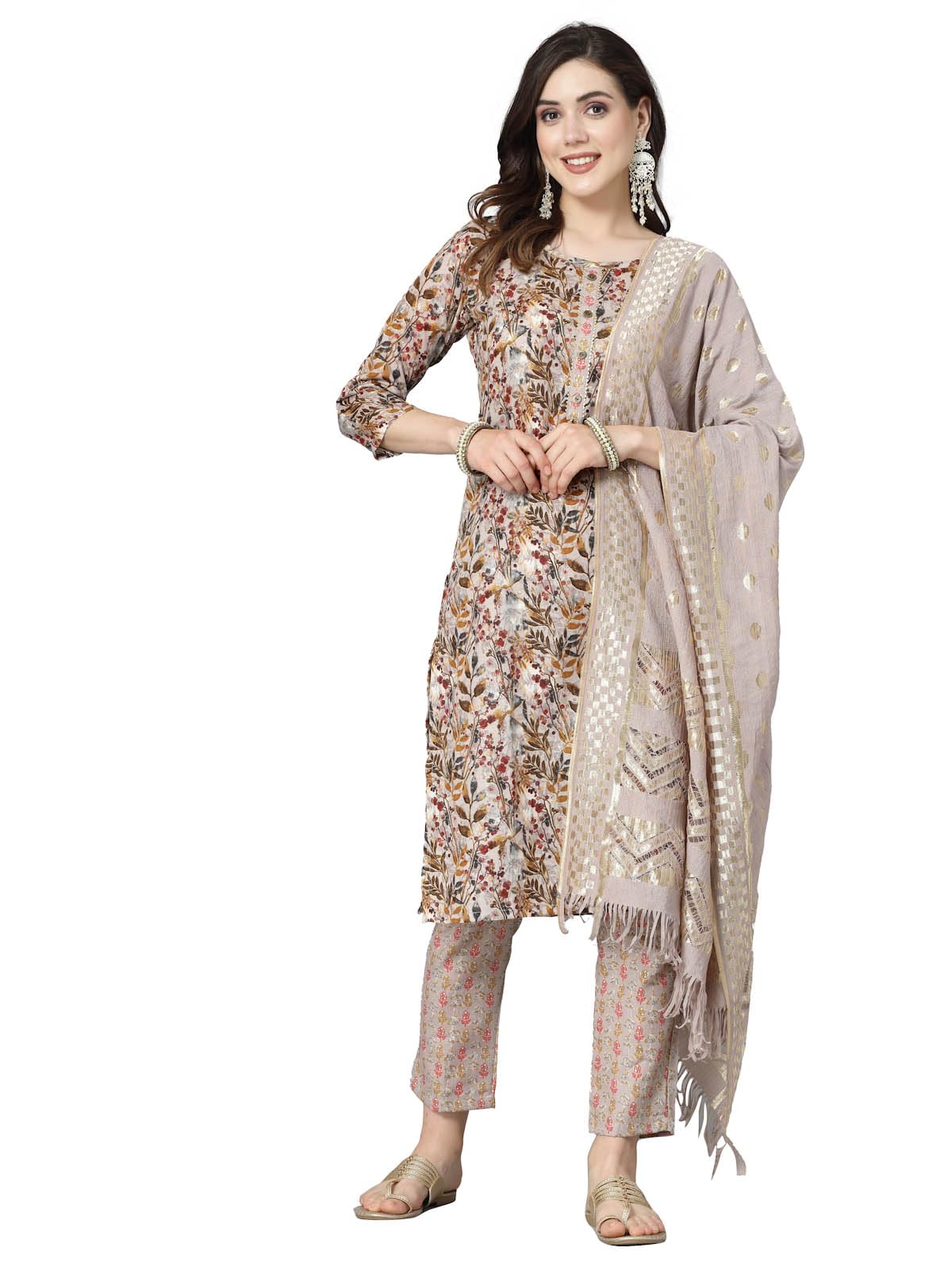 Stylum Womens Floral Printed Cotton Blend Straight Kurta Pant Dupatta Se (in, Alpha, 6XL, Plus, Beige)