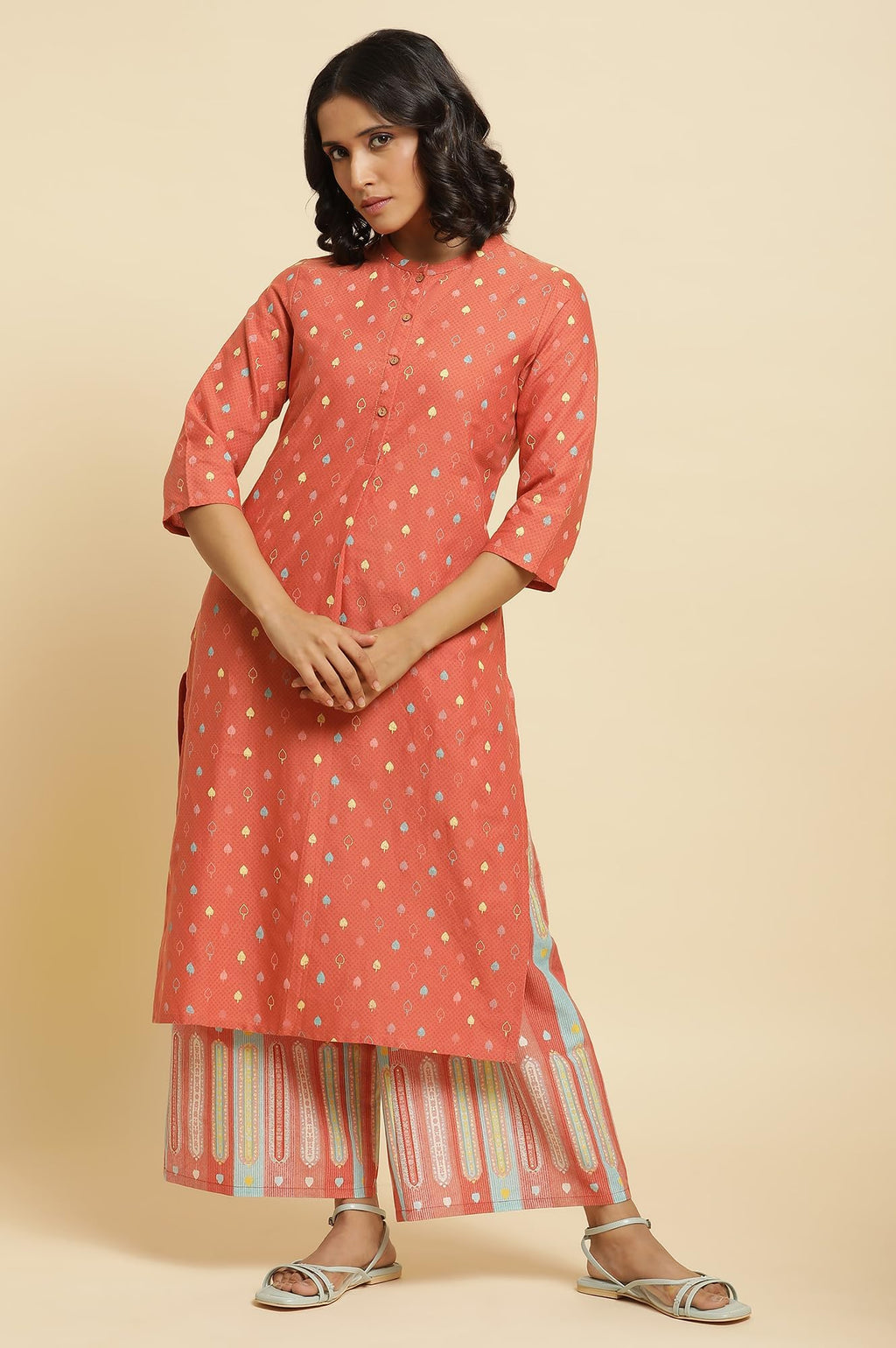 W For Woman Womens Cotton Geometric Kurta Set & Parallel Pant_22Fews16069-116579, Orange, X_Small