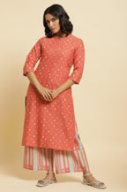 W For Woman Womens Cotton Geometric Kurta Set & Parallel Pant_22Fews16069-116579, Orange, X_Small