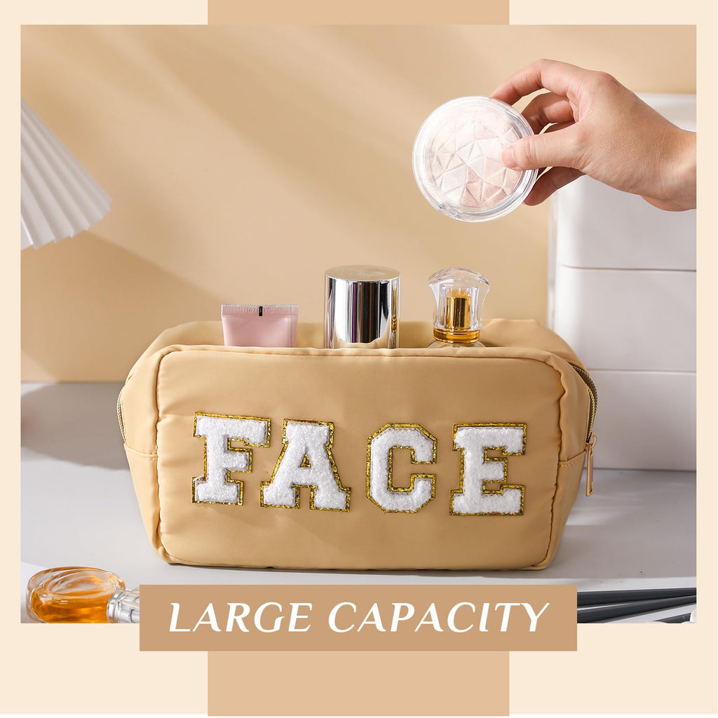 Remerry 4 Pcs Nylon Cosmetic Bag Travel Organizer Chenille Letter Makeup Pouch Zipper Preppy Waterproof Hair Bag Toiletry Pouch