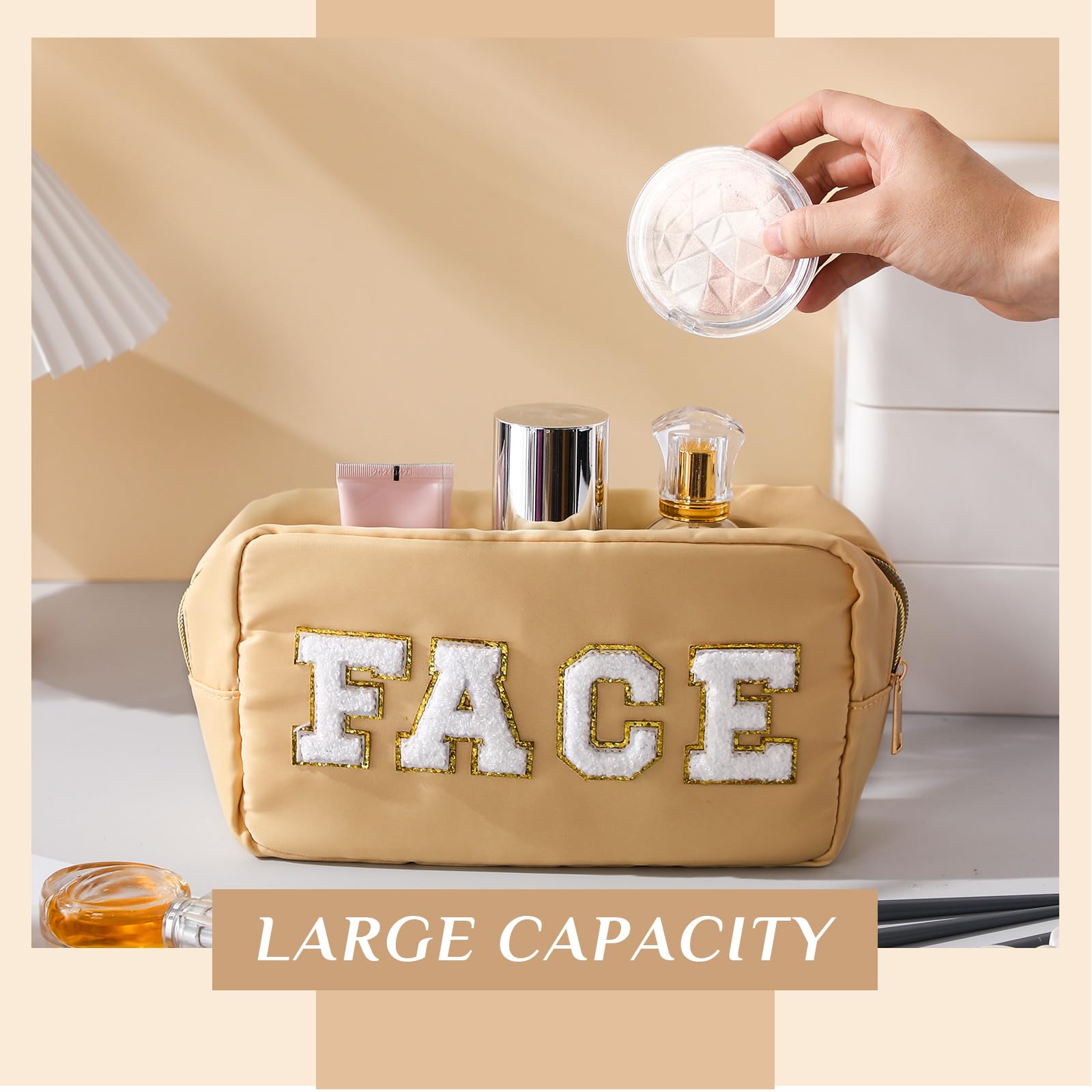 Remerry 4 Pcs Nylon Cosmetic Bag Travel Organizer Chenille Letter Makeup Pouch Zipper Preppy Waterproof Hair Bag Toiletry Pouch