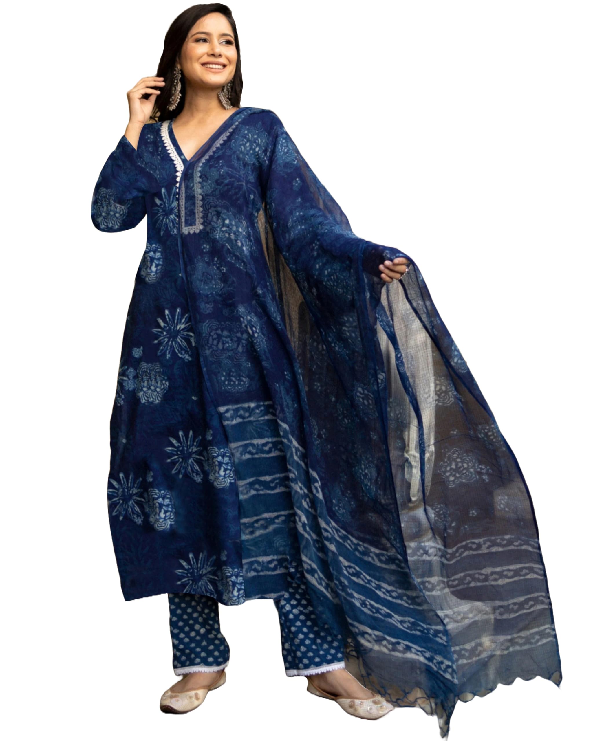 ANNI DESIGNER Womens Rayon Viscose Printed Straight Kurta with Pant & Dupatta (MURGAN Blue_M_Blue_Medium)